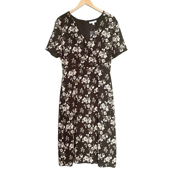 NWT DownEast Dress Black & Ivory Floral Surplice Midi Modest Dress Size Large - Picture 2 of 14
